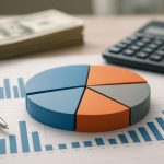 A pie chart alongside a bar graph with a calculator and stacks of cash in the background.
