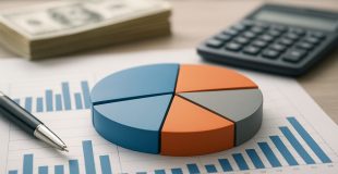 A pie chart alongside a bar graph with a calculator and stacks of cash in the background.