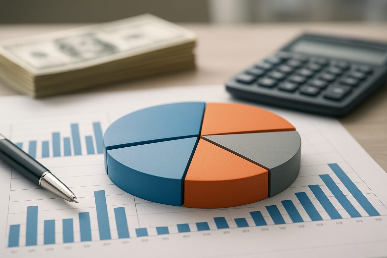A pie chart alongside a bar graph with a calculator and stacks of cash in the background.