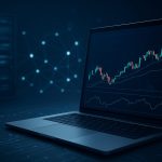 Laptop displaying a trading chart on a dark blue background