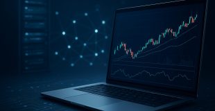 Laptop displaying a trading chart on a dark blue background