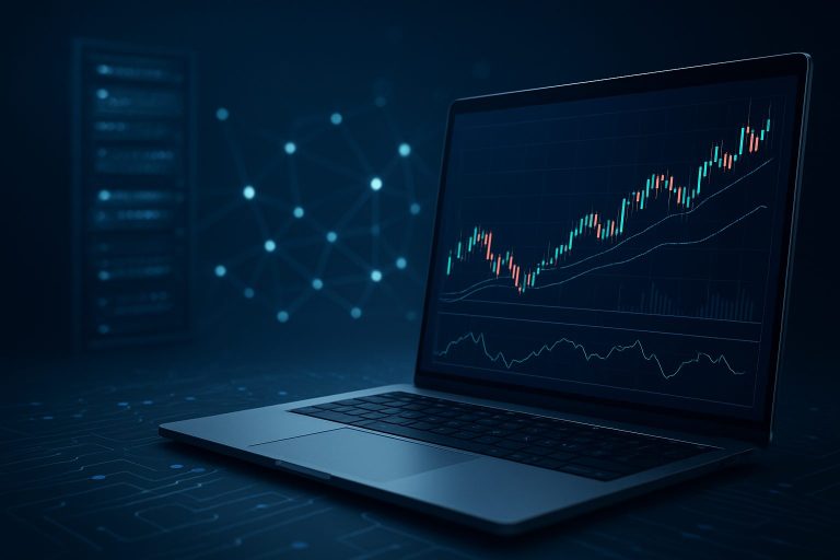 Laptop displaying a trading chart on a dark blue background