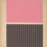 Two patterned fabric swatches in pink and black on a light background.