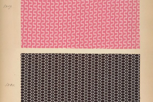 Two patterned fabric swatches in pink and black on a light background.