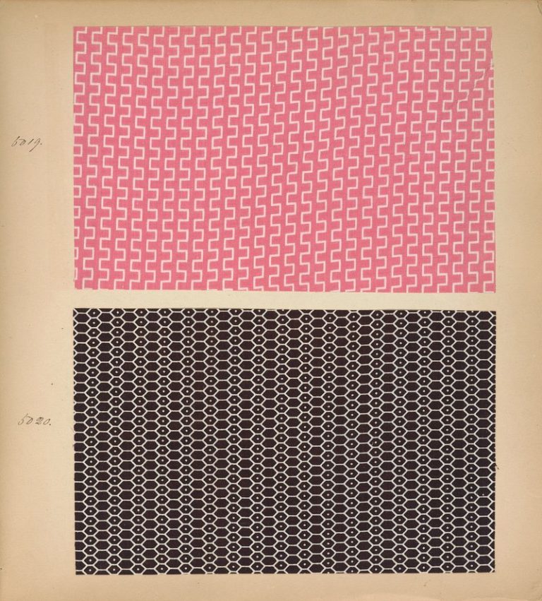 Two patterned fabric swatches in pink and black on a light background.