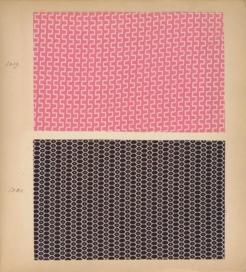 Two patterned fabric swatches in pink and black on a light background.