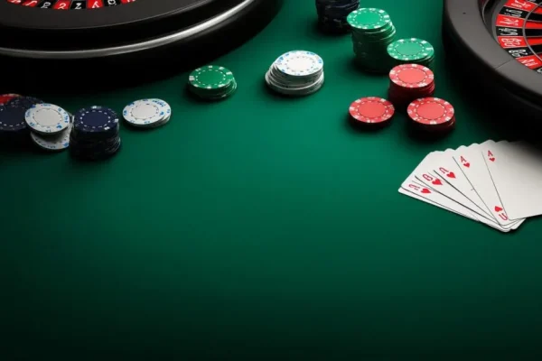 Close-up of poker chips and playing cards on a green casino table
