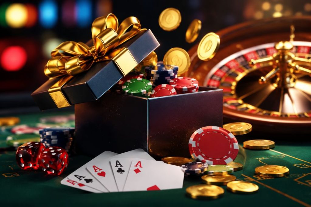 A gift box overflowing with poker chips and playing cards on a casino table