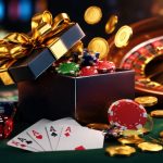 A gift box overflowing with poker chips and playing cards on a casino table